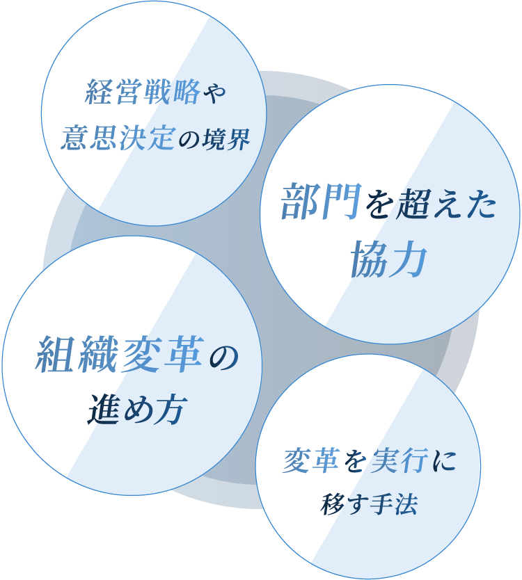 経営戦略や意思決定の境界・部門を超えた協力・組織変革の進め方・変革を実行に移す手法